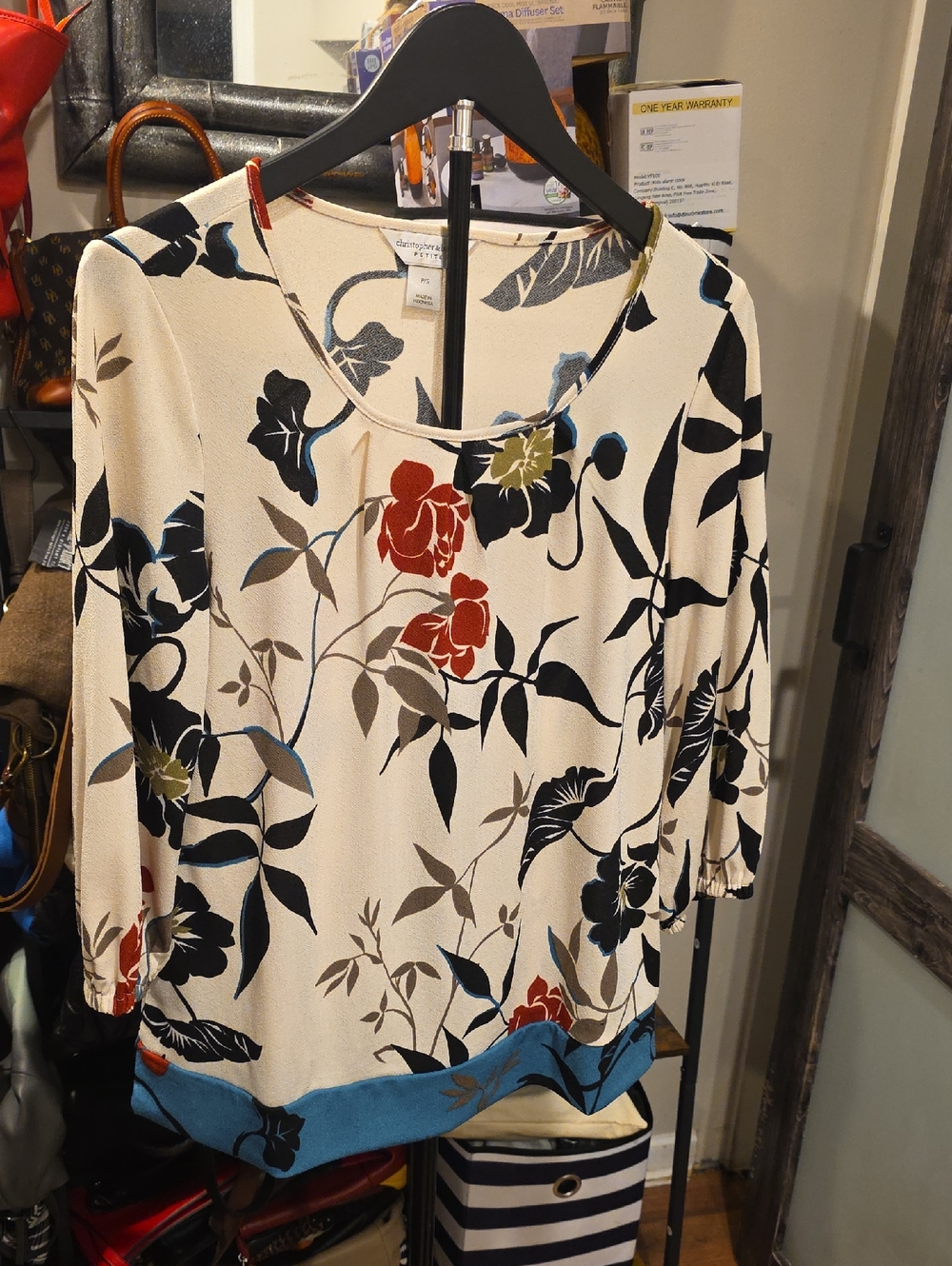 Christopher & Banks Cream Floral Blouse with Blue Hem